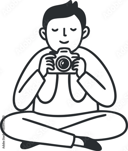 Minimalist black and white vector illustration of a person sitting cross-legged with a camera, perfect for creative and photography themes