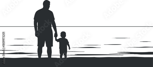 Silhouette vector illustration of a father and son walking together along the beach, capturing the essence of family bonding and love.