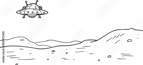 Outline vector illustration of a UFO flying over a minimalist landscape, perfect for science fiction and creative projects