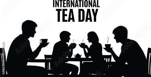 Silhouette of four friends enjoying hot beverages together for International Tea Day