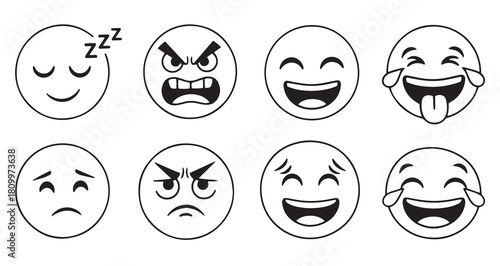 Egg faces expressing different emotions in black and white line art style