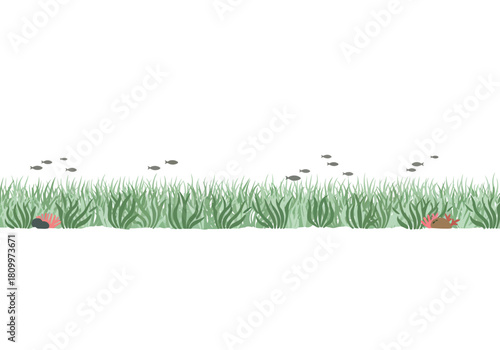 A serene underwater scene with vibrant green seagrass and small fish swimming.