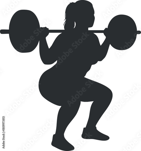 Silhouette vector illustration of a woman performing a squat exercise with a barbell, ideal for fitness and health themes