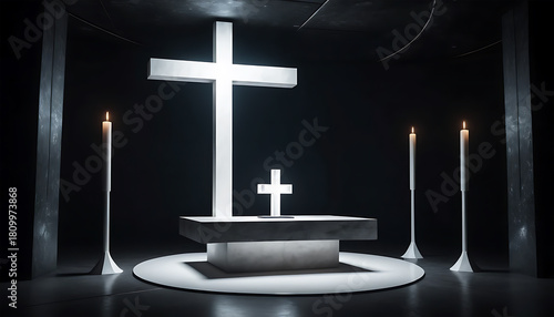 Modern Religious Altar with Cross and Candles in Minimalist Church Setting