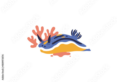 Vibrant Blue Sea Slug Illustration with Coral Reef Accent.
