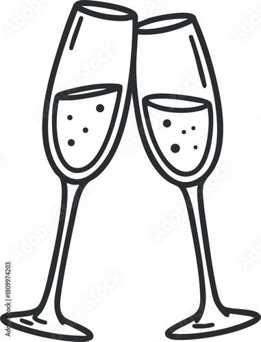 Minimalist line art vector illustration of two champagne glasses clinking together, perfect for celebration themes and party designs