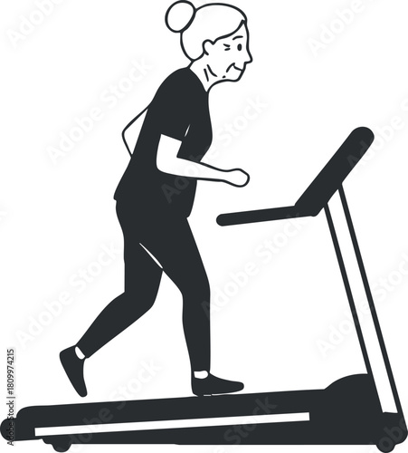 Black and white vector illustration of a senior woman exercising on a treadmill for fitness and health awareness