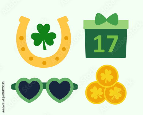 Set of St. Patrick's Day elements.
Includes shamrocks, gold coins, horseshoes, gift boxes, and party sunglasses.
Flat vector illustration clipart.