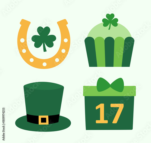 Set of St. Patrick's Day elements.
Includes shamrocks, horseshoes, leprechauns hat, gift boxes, and cupcakes.
Flat vector illustration clipart.