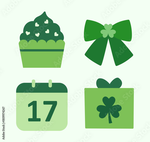 Set of St. Patrick's Day elements.
Includes shamrocks, calendars, gift boxes, cupcakes, and bows.
Flat vector illustration clipart.