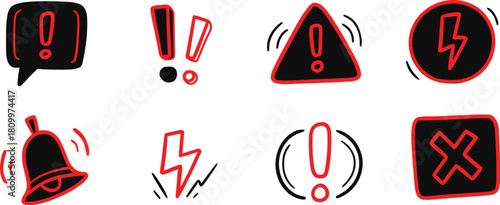 Hand drawn warning icons with exclamation points and lightning bolts in red and black