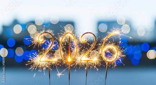 Sparkling 2026 new year celebration with bokeh lights background