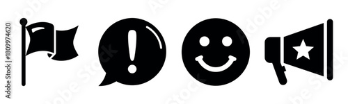 Flag, speech bubble, smiling face, megaphone silhouettes in black icons