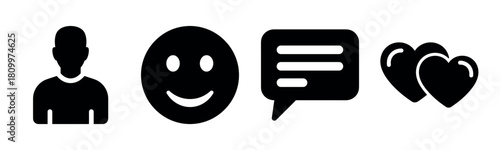 Minimalist black icons set: person, smile, chat, heart symbols