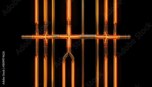 Orange Glowing Pipe System with Modern Industrial Design on Black Background