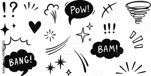 Hand drawn comic book style elements and speech bubbles vector set