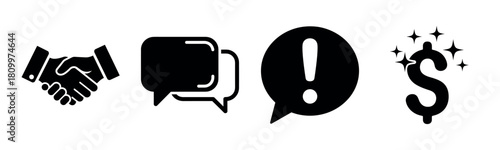 Collaboration icons: handshake, speech bubbles, exclamation, dollar sign