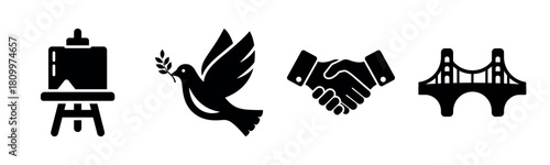 Art easel, peace dove, handshake, and bridge icons in black and white silhouette style