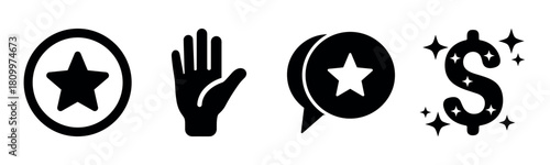 Icon set: star badge, hand, speech bubble with star, sparkling dollar sign