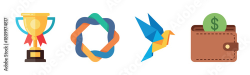 Trophy, circular ribbon, origami bird, and wallet with coin icons