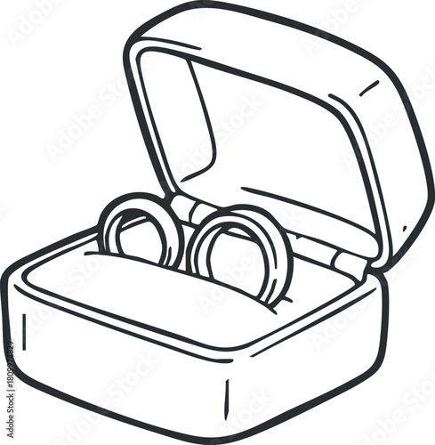 Outline vector illustration of a jewelry box containing two rings, perfect for wedding or engagement concepts