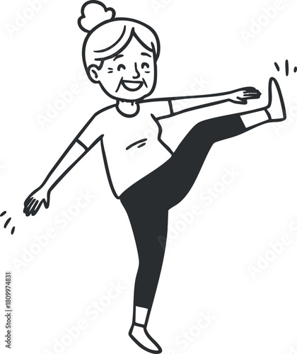 Cheerful vector illustration of an active senior woman stretching and exercising, promoting health and wellness concepts.