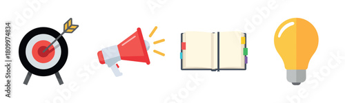 Goal achievement, promotion, knowledge, and innovation icons