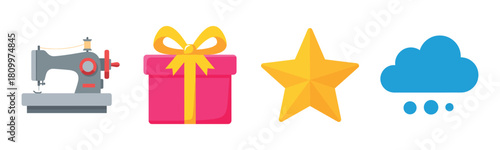 Sewing machine, gift box, star, and cloud icons in simple design