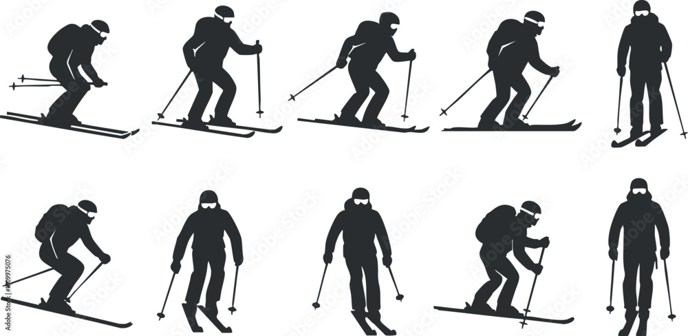 Obraz premium Silhouette vector icon set depicting various skiing poses, ideal for winter sports branding and design projects
