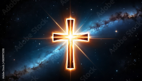 Glowing Cross in Space with Bright Light and Stellar Background