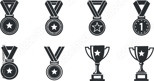 Vector icon set of medals and trophies in black and white style for achievement recognition and award design