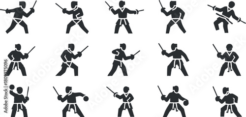 Silhouette vector icon set showing various martial arts poses and techniques, ideal for sports and fitness branding