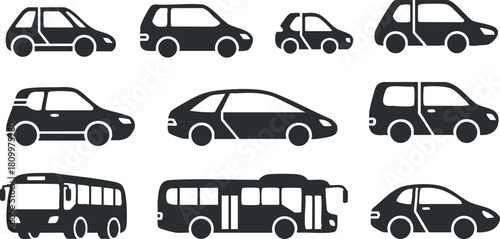 Collection of minimalist black and white vector icons depicting various vehicles including cars and buses for transportation themes