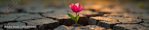 A single blossoming flower pushing through cracked earth, symbolizing resilience and the promise of new beginnings A powerful image representing hope and overcoming adversity , optimism, color