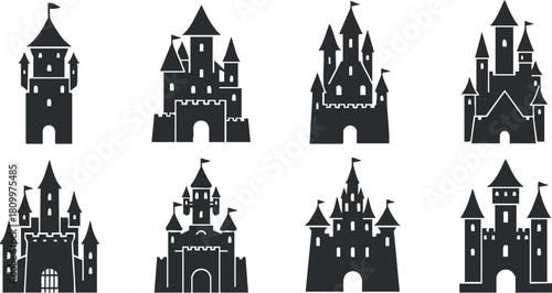 Collection of eight black silhouette castle vector illustrations featuring various tower designs and flags for fantasy-themed projects