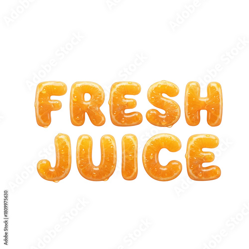 High-quality realistic orange fruit typography spelling “FRESH JUICE,” designed with juicy citrus texture, glossy details, and transparent background. Perfect for food brand and juice packaging
