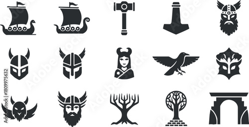 Collection of minimalist black and white vector icons depicting Norse mythology elements, including ships, helmets, and symbols for design projects.