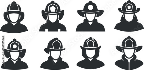 Silhouette vector icon set showing various firefighter characters in helmets, ideal for emergency services and safety design projects