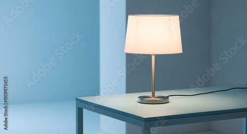 Modern table lamp with white shade on a table with blue background