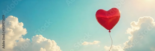 A single, unattached heart-shaped balloon floats freely against a vibrant, summer sky, representing the hopeful search for love and companionship , floating, desire, unattached