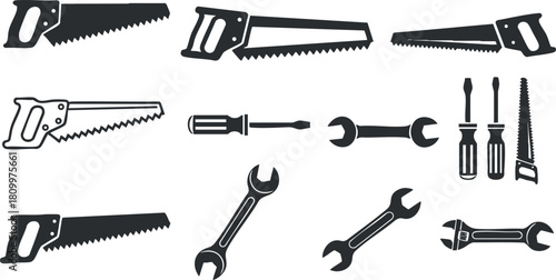 Set of black and white vector illustrations featuring various hand tools including saws, wrenches, and screwdrivers for design projects