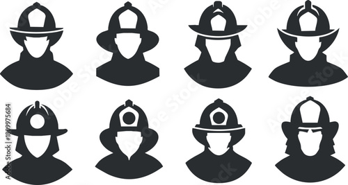 Collection of firefighter silhouette icons featuring various helmet styles for emergency service and rescue themes