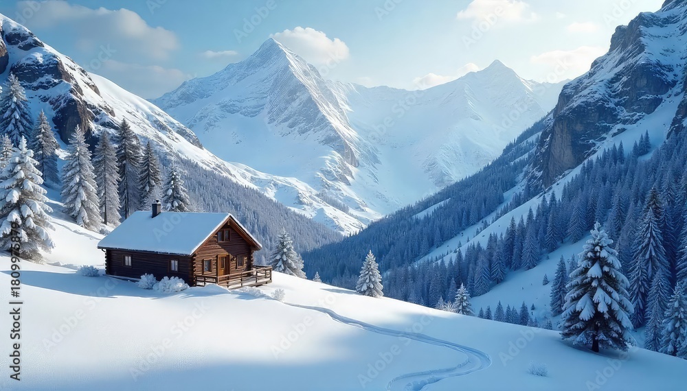 Fototapeta premium A solitary cabin nestled deep within a snow-covered, secluded mountain valley, untouched by the outside world, exuding peace and tranquility , cold, trees