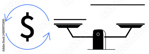 Dollar sign surrounded by circular arrows symbolizes cash flow and economy, paired with a balance scale for fairness. Ideal for finance, economy, balance, equity, growth, sustainability, fairness