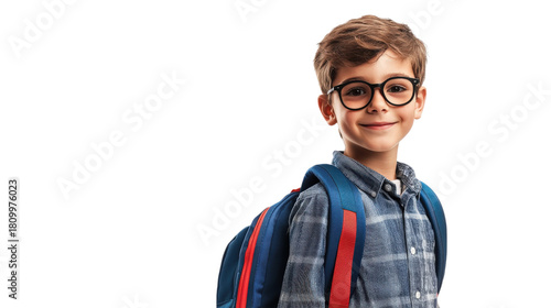 Smiling schoolboy with backpack wearing glasses isolated on a transparent background