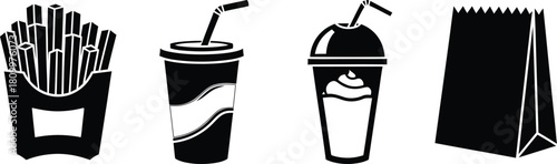 Black and white vector icons of popular fast food items