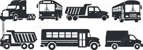 Silhouette vector icon set showing various types of vehicles including trucks and buses for transportation and logistics projects