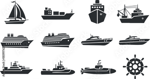 Collection of black and white vector icons featuring various ships and boats, ideal for maritime-themed design projects.