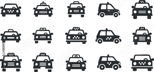 Collection of minimalist black and white vector icons featuring various taxi and car designs for transportation themes