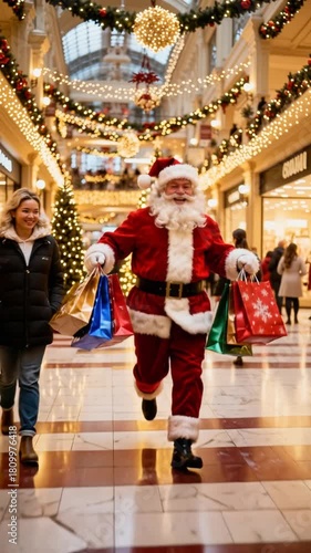 Man dressed as Santa Claus runs with gift bags through a busy shopping mall. Holiday season sales and Christmas preparations. Lockdown shot.